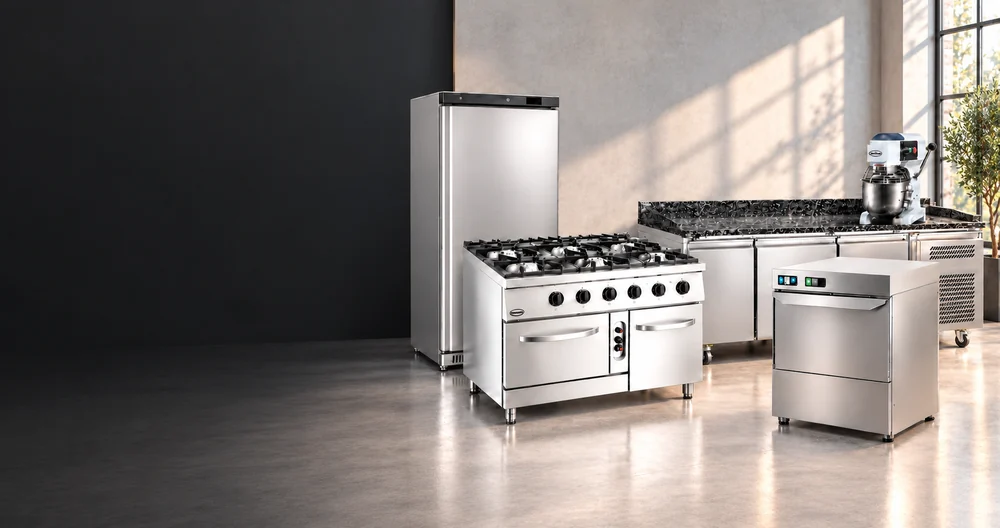 CombiSteel refrigerator, cooking range, dishwasher, pizza prep counter and mixer